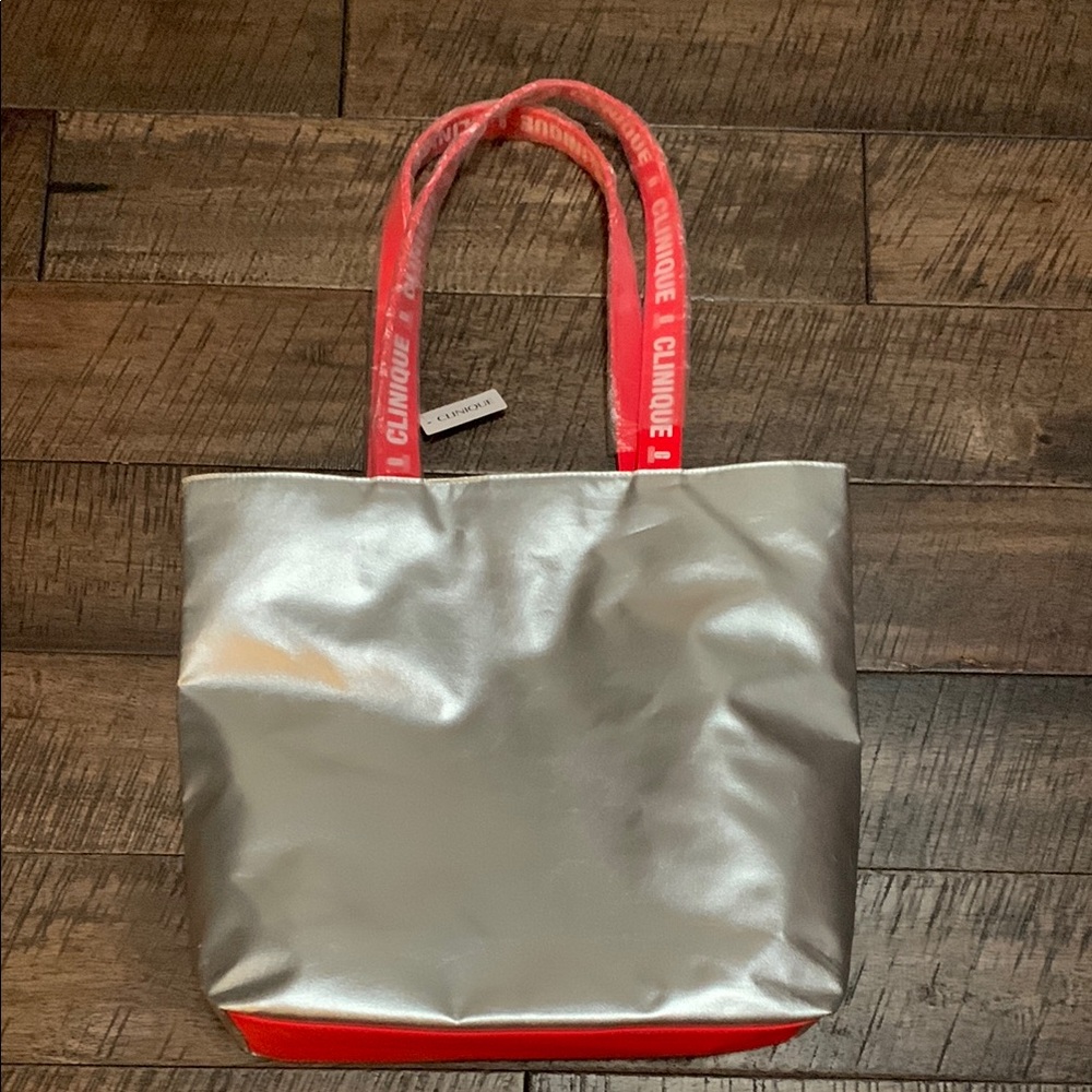 Clinique Silver and Red Tote Bag